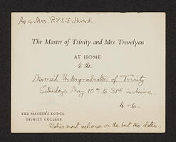 Invitation from the Master of Trinity and his wife (G. M. and Janet Trevelyan) to an 'at home ' for married undergraduates, directed to Robert P. E. F. and Renate Hirsch