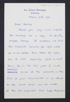 Letter from John Habbakuk to D H Robertson on his Marshall Lectures and Habbakuk's forthcoming book