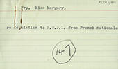 Index card in the name of Margery Fry, referring to the ‘deputation to F.W.P.L. from French nationals’