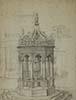 Pencil drawing of the fountain at Trinity College, Cambridge, looking west, by P. Clare